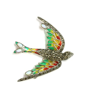 Lot 254 - A silver plique-à-jour enamel swallow brooch/pendant