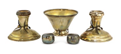 Lot 605 - A pair of Danish sterling silver dwarf candlesticks