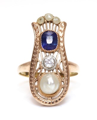 Lot 151 - A Continental rose gold sapphire, diamond and pearl ring, c.1915