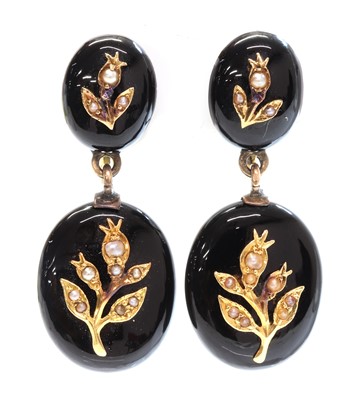 Lot 116 - A pair of Victorian onyx and split pearl drop earrings
