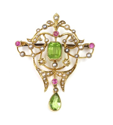 Lot 132 - An Edwardian peridot, pink tourmaline and split pearl brooch/pendant, c.1900