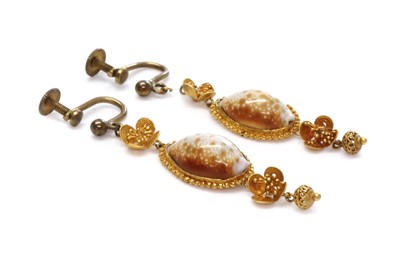 Lot 42 - A pair of early Victorian cowry shell drop earrings