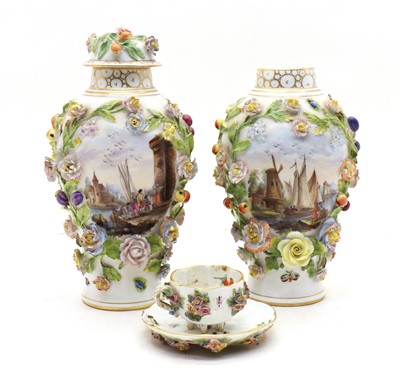 Lot 172 - A pair of Meissen style encrusted porcelain vases