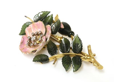 Lot 250 - A diamond nephrite jade and enamel dog rose brooch, c.1950