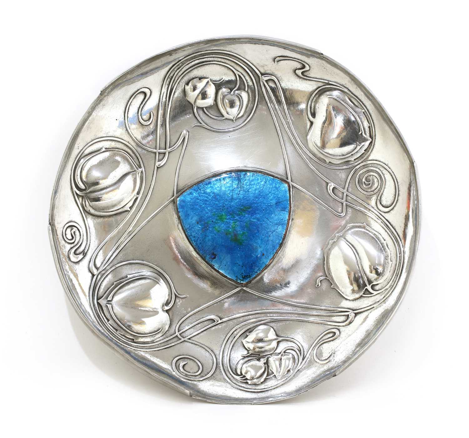 Lot 109 - An Arts and Crafts Tudric pewter and enamel 'Bollelin' tray