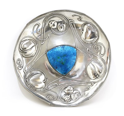 Lot 109 - An Arts and Crafts Tudric pewter and enamel 'Bollelin' tray
