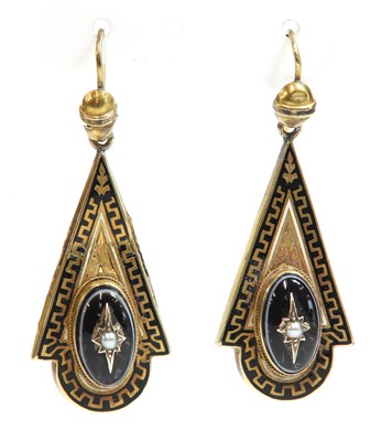 Lot 41 - A pair of cased Victorian split pearl, banded agate and enamel drop earrings, c.1870