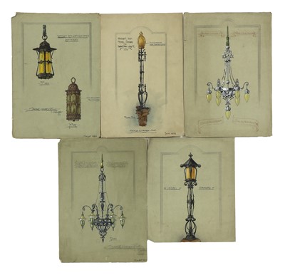 Lot 107 - A set of five Arts and Crafts lighting designs
