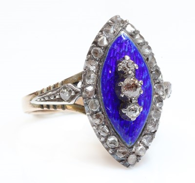 Lot 26 - A Georgian diamond and enamel navette shaped ring