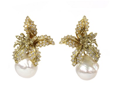 Lot 304 - A pair of Continental cultured South Sea pearl and diamond earrings