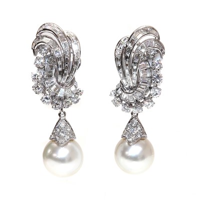 Lot 264 - A pair of diamond and cultured South Sea pearl spray earrings