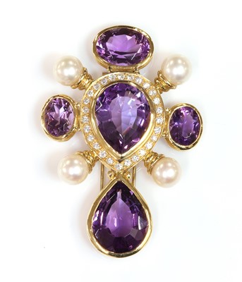 Lot 341 - An amethyst, diamond and cultured pearl cruciform brooch