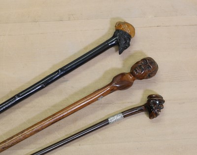 Lot 72 - Three walking sticks with carved head handles