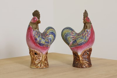 Lot 117 - A mirror pair of Chinese export famille rose cockerels