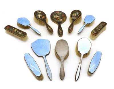 Lot 23 - A silver plated and blue enamel five piece dressing table set