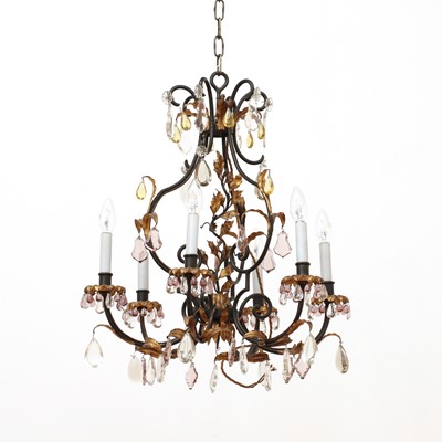 Lot 21 - A wrought-iron, parcel-gilt and cut-glass six-light electrolier