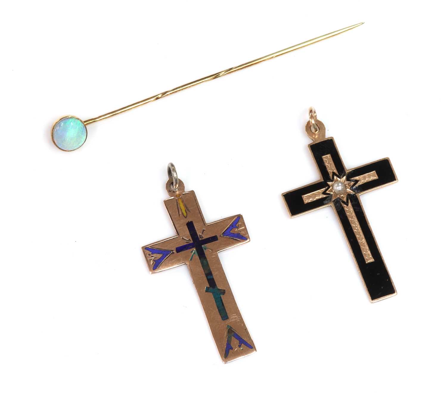 Lot 171 - Two Russian gold enamel cross pendants
