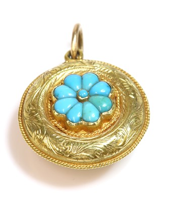 Lot 71 - A Victorian turquoise set circular shield form pendant, c.1860