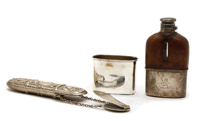 Lot 3 - A Victorian leather and silver mounted hip flask