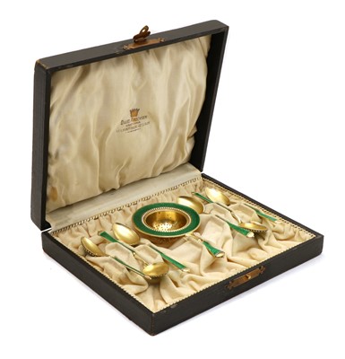 Lot 9 - A Norwegian guilloche enamelled gilt sterling silver tea sieve