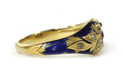 Lot 1013 - A gold enamel ruby and diamond ring