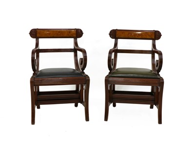 Lot 452 - A pair of George IV style mahogany and walnut metamorphic library chairs