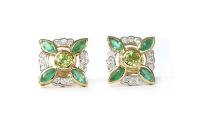 Lot 1202 - A pair of peridot, emerald and diamond earrings, by Luke Stockley