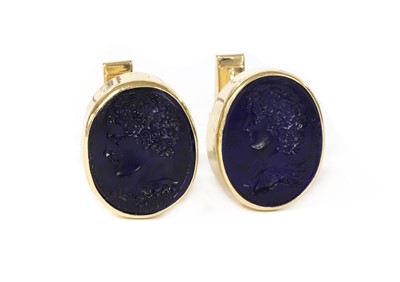 Lot 200 - A pair of American blue glass oval intaglio cufflinks