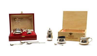 Lot 5 - A cased silver six piece cruet with pierced decoration