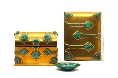 Lot 217 - A Victorian brass and malachite mounted desk set