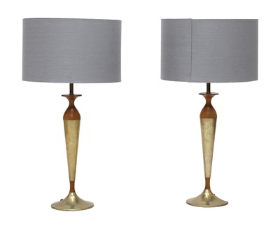 Lot 467 - A pair of brass and teak table lamps