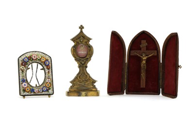 Lot 203A - An Italian brass relic icon, micro mosaic frame, and crucifix