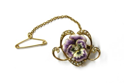 Lot 1049 - An Edwardian gold diamond, enamel and split pearl pansy brooch