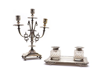 Lot 43 - A silver ink stand with two cut glass ink wells