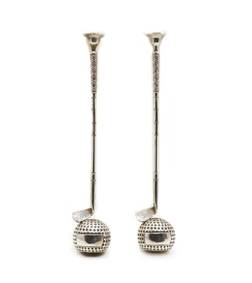 Lot 8 - A pair of cast and silvered novelty golf iron and ball candlesticks