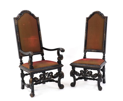 Lot 274 - A set of ten William & Mary-style ebonised dining chairs
