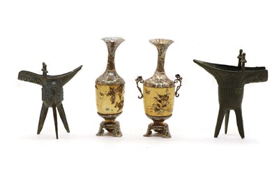 Lot 166 - A near pair of Japanese Shibayama ivory and silver vases