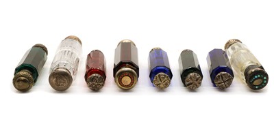 Lot 161 - A collection of eleven Victorian, double ended, coloured and clear glass scent bottles
