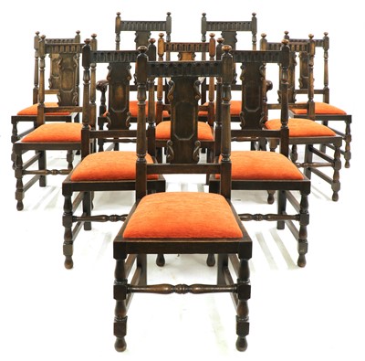 Lot 308 - A set of ten Carolean style oak dining chairs