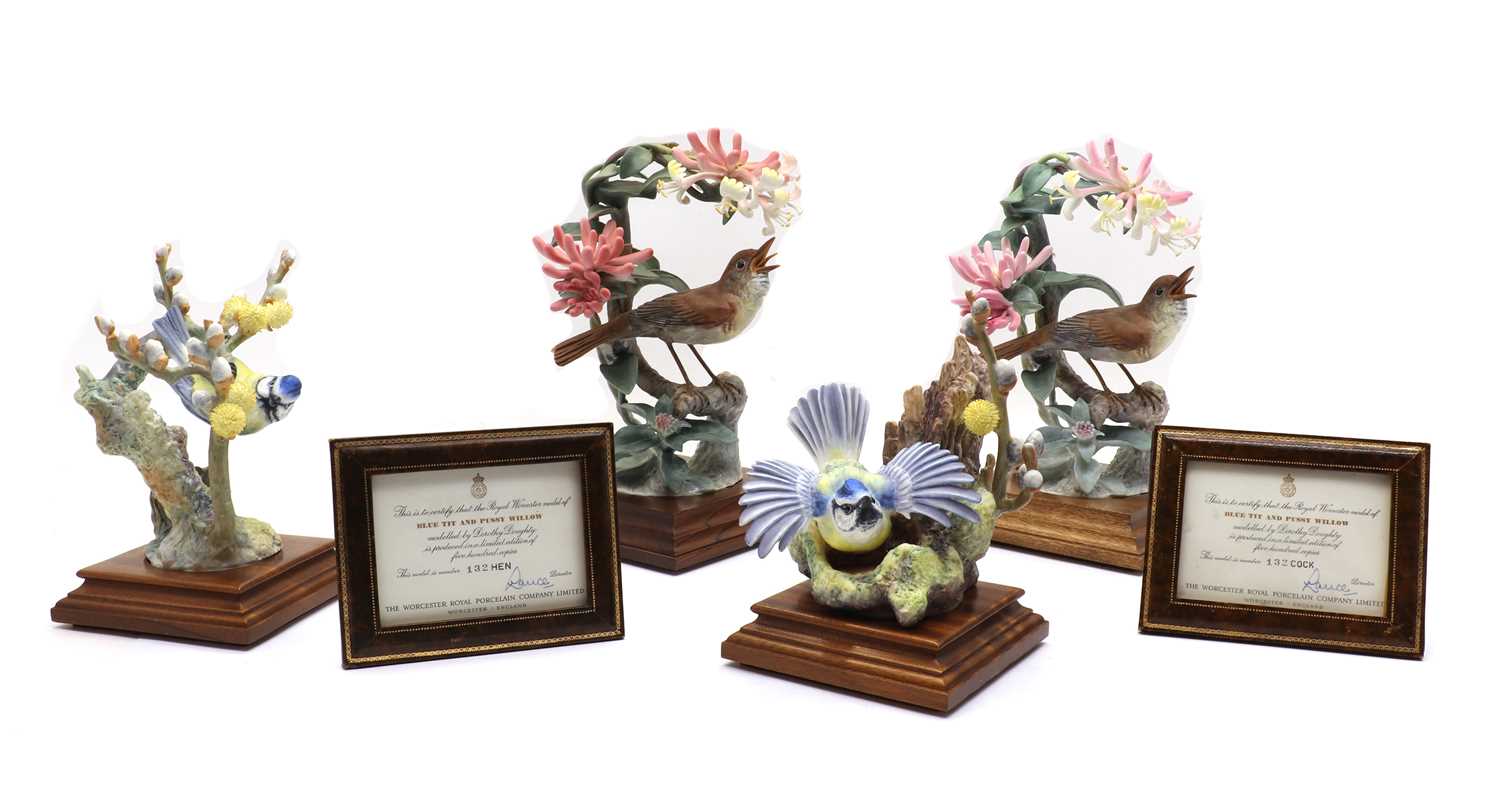 Lot 275 - A pair of Nightingale Daulias Luscinia and Honeysuckle models