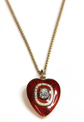 Lot 55 - A Victorian heart shaped diamond and enamel pendant/brooch, c.1890