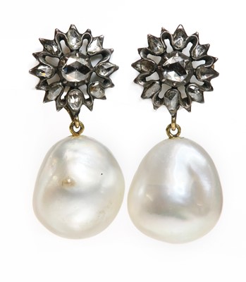 Lot 22 - A pair of diamond and cultured South Sea baroque pearl drop earrings