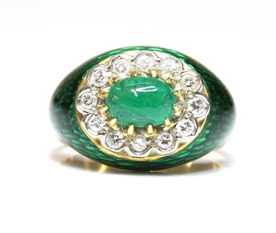 Lot 470 - An Italian emerald, diamond and enamel bombé cluster ring, c.1960