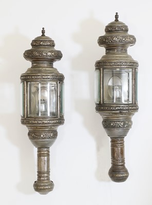 Lot 191 - A large pair of silvered brass carriage lanterns