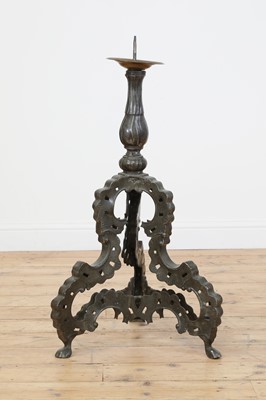 Lot 208 - A floor-standing German rococo pewter pricket candelabra