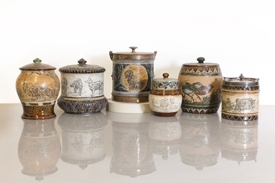 Lot 42 - Six Doulton Lambeth stoneware tobacco jars and biscuit barrels