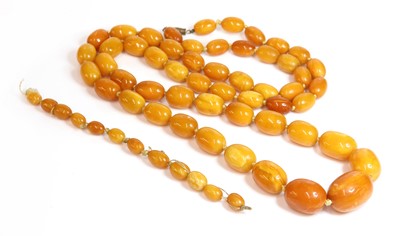 Lot 128 - A single row graduated olive shaped butterscotch amber bead necklace