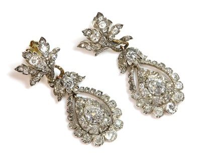 Lot 46 - A pair of Victorian diamond set leaf and pear cut diamond drop earrings, c.1870