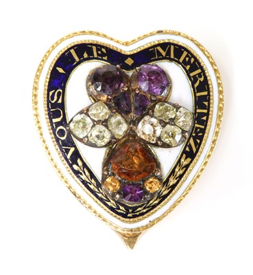 Lot 16 - A late Georgian amethyst, citrine, diamond and enamel, heart shaped clip brooch