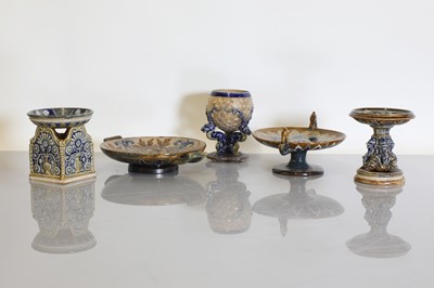 Lot 92 - A collection of Doulton Lambeth stoneware tazzas, stands and a match holder